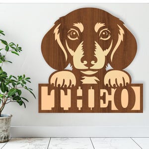 Dachshund Dog name sign, SVG, Cute cartoon dog themed door or wall hanger, Laser cut template, instant download Vector file Ai, Cdr, Dxf