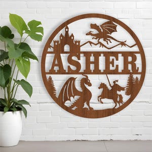 Letrero con nombre de dragón y caballero, SVG, colgador de pared o puerta con temática de fantasía, plantilla cortada con láser, descarga instantánea, archivo vectorial Ai, Cdr, Dxf