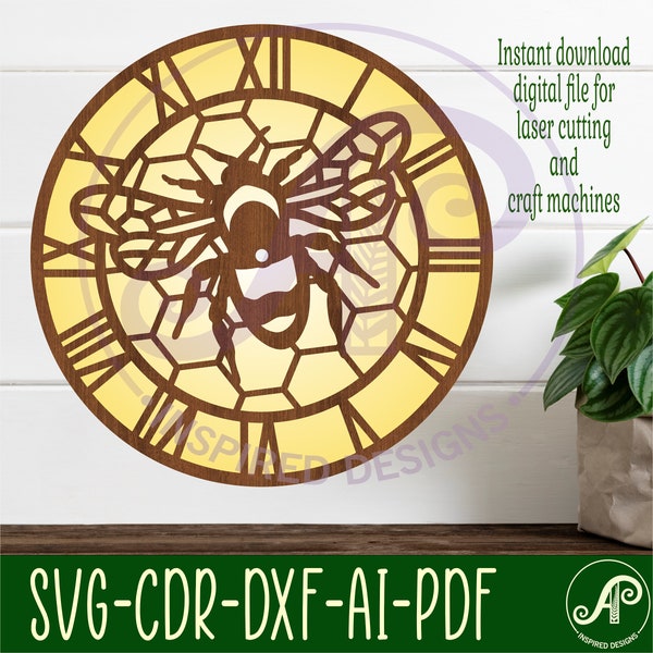 Bee wall clock laser cut files, SVG file. vector file ai, cdr, dxf instant download digital design, cut file template