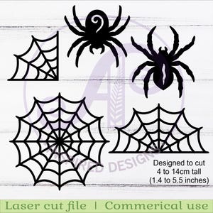 Puede incluir: Dise&ntilde;os de ara&ntilde;as y telara&ntilde;as cortados con l&aacute;ser en negro. Incluye dos ara&ntilde;as y tres dise&ntilde;os de telara&ntilde;as. Los dise&ntilde;os est&aacute;n dise&ntilde;ados para cortar de 4 a 14 cm de alto. El texto dice "Laser cut file | Commerical use".