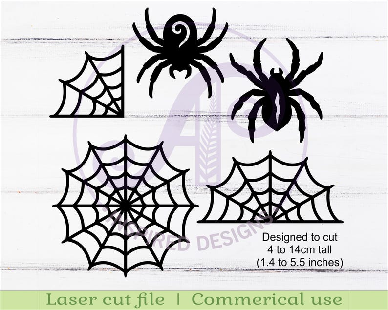 Puede incluir: Dise&ntilde;os de ara&ntilde;as y telara&ntilde;as cortados con l&aacute;ser en negro. Incluye dos ara&ntilde;as y tres dise&ntilde;os de telara&ntilde;as. Los dise&ntilde;os est&aacute;n dise&ntilde;ados para cortar de 4 a 14 cm de alto. El texto dice "Laser cut file | Commerical use".