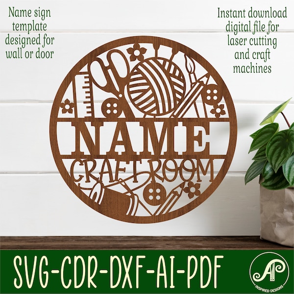 Craft room name sign, SVG, Crafting themed door or wall hanger, Laser cut template, instant download Vector file Ai, Cdr, Dxf