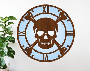 Skull Crossbones Clock SVG Pirate Wall Art Laser Cut Wood Decor (Digital Download)