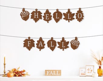 Hallo Herbstgirlande SVG, Herbstblattbanner, Eicheldeko, Lasergeschnittene Herbstdeko-Datei