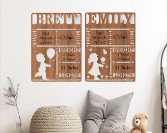 Girl and Boy Baby Stats Birth Announcement Plaque: Nursery Wall Hangers for Laser Cutting