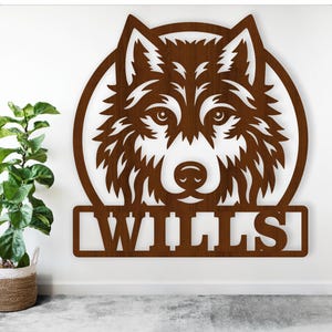 Wolf Gesicht Namensschild, SVG, Tür- oder Wandhänger mit dem Thema Tier, Laser geschnittene Vorlage, sofortiger Download Vektordatei Ai, Cdr, Dxf