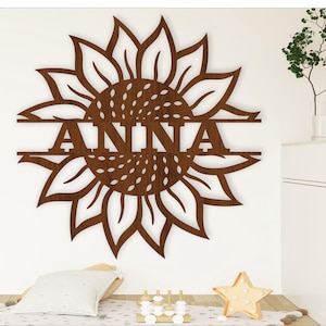 Placa de nome em formato de girassol, SVG, porta com tema de flor ou cabide de parede, modelo cortado a laser, download instantâneo Arquivo vetorial Ai, Cdr, Dxf