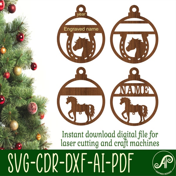 Horse Christmas Ornaments, 2 designs  SVG laser cut, instant download Pdf, Dxf, Ai and Cdr template.