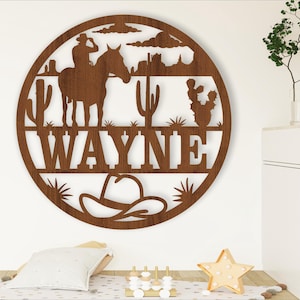 Cowboy Namensschild, SVG, Tür- oder Wandhänger mit dem Thema Natur, Laser geschnittene Vorlage, sofortiger Download Vektordatei Ai, Cdr, Dxf
