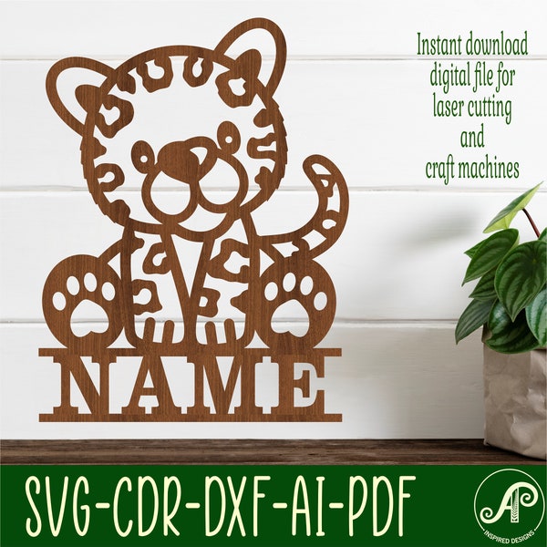 Cute leopard Name sign SVG laser cut template, door or wall hanger  ai, cdr, dxf pdf instant download