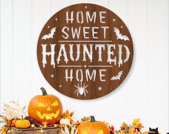 „Home Sweet Haunted Home“ Halloween-Wandschild (SVG-Laserschnittdatei) – Dekoration für Veranda