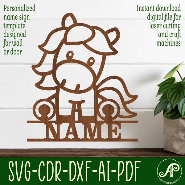 Cute Horse Name sign SVG laser cut template, door or wall hanger  ai, cdr, dxf pdf instant download