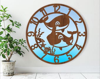 Whale animal wall clock laser cut files, SVG file. vector file ai, cdr, dxf instant download digital design, cut file template