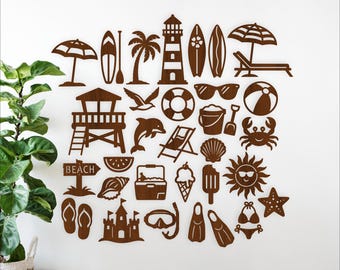 Beach Silhouette SVG Bundle, Summer Laser Cut Files, 30 Beach Icons (Digital Download)