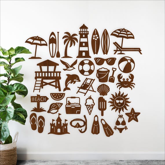Beach Silhouette SVG Bundle, Summer Laser Cut Files, 30 Beach Icons (Digital Download)