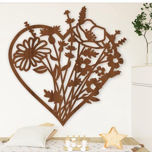 Arte de pared con corazón de flores silvestres, archivo SVG. Archivo vectorial ai, cdr, dxf, descarga instantánea, diseño digital, corte láser, arte de pared con tema de flores