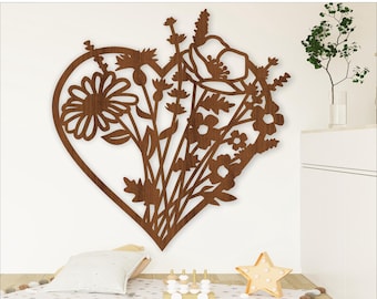 Wild flower heart wall art, SVG file. vector file ai, cdr, dxf instant download digital design, laser cut, wall art flower theme