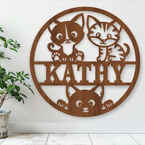 Schattige katten naambordje, SVG, deur- of muurhanger dier thema, lasergesneden sjabloon, instant download vectorbestand Ai, Cdr, Dxf
