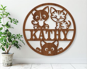 Cute Cats name sign, SVG, animal themed door or wall hanger, Laser cut template, instant download Vector file Ai, Cdr, Dxf