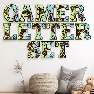 Conjunto de letras del alfabeto de jugador - 78 opciones de letras - Descarga digital, archivo vectorial SVG cortado con láser, letrero con nombre de controlador de juego