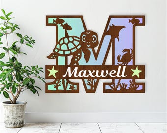 Turtle monogram letter Name signs. 3 layers SVG laser cut template, door or wall hanger, vector file, ai, cdr, dxf pdf instant file