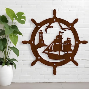 Cartello da parete con timone nautico dell'oceano, file SVG. Download immediato del file vettoriale, design digitale, cartello tagliato al laser, tema del faro