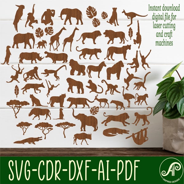 Lot SVG animaux de safari. 54 modèles, fichiers vectoriels, fichier découpé au laser, formes. Fichier numérique téléchargement immédiat AI, Cdr, Dxf animaux sauvages