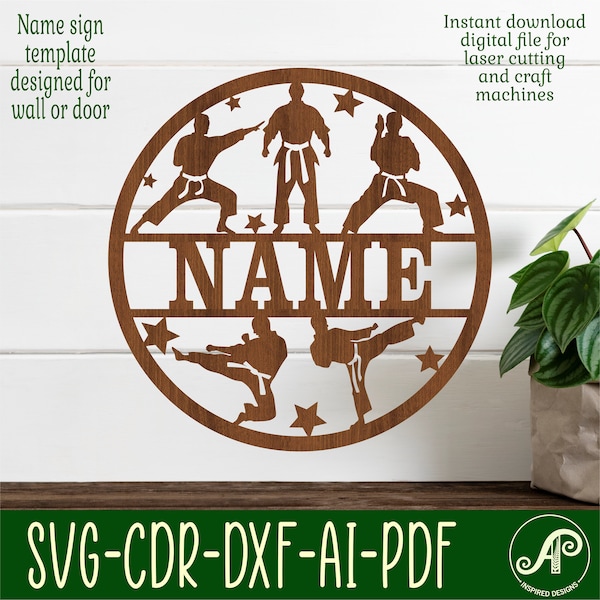 Karate Martial arts male name sign, SVG, sports themed door or wall hanger, Laser cut template, instant download Vector file Ai, Cdr, Dxf