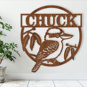 cartello con nome kookaburra, SVG, natura, tema animale, porta o appendino da parete, modello tagliato al laser, download immediato file vettoriale Ai, Cdr, Dxf