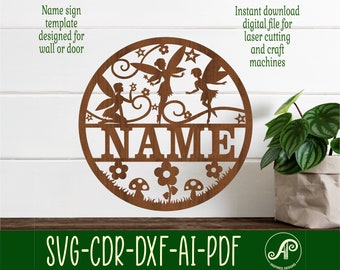 Fairy name sign, SVG, Fantasy themed door or wall hanger, Laser cut template, instant download Vector file Ai, Cdr, Dxf