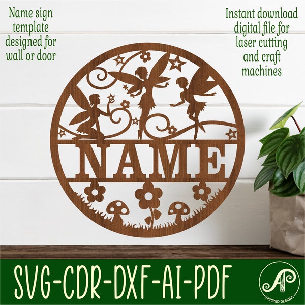 Fairy name sign, SVG, Fantasy themed door or wall hanger, Laser cut template, instant download Vector file Ai, Cdr, Dxf