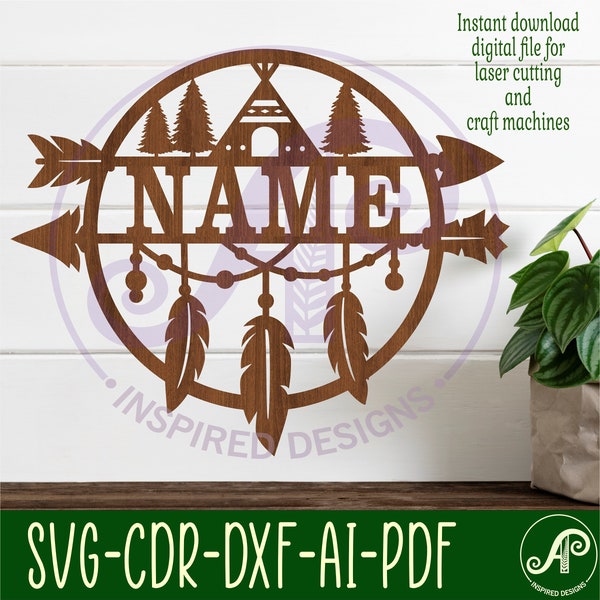 Feather and arrow name sign, SVG, nature themed door or wall hanger, Boho Laser cut template, instant download Vector file Ai, Cdr, Dxf