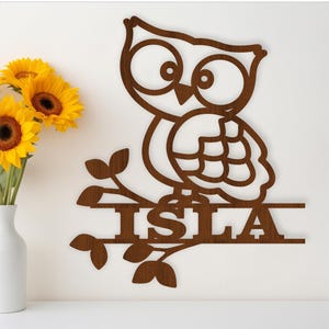 Owl name sign, SVG, Cute cartoon bird themed door or wall hanger, Laser cut template, instant download Vector file Ai, Cdr, Dxf
