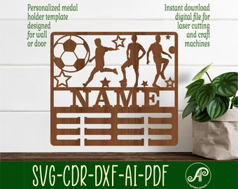 Soccer/Football male medal holder, SVG, sports themed door or wall hanger, Laser cut template, instant download Vector file Ai, Cdr, Dxf