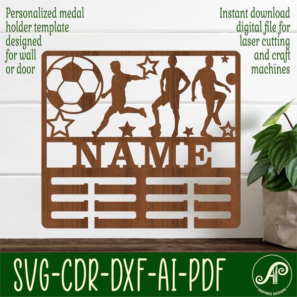 Soccer/Football male medal holder, SVG, sports themed door or wall hanger, Laser cut template, instant download Vector file Ai, Cdr, Dxf