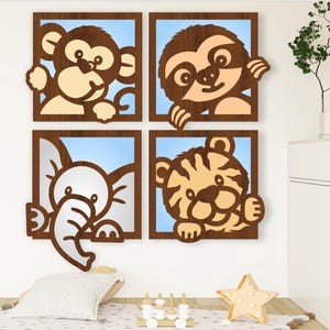 May include: Four wooden wall decor pieces with a blue background and brown frames. Each frame features a different animal peeking out: a monkey, a sloth, an elephant, and a tiger.