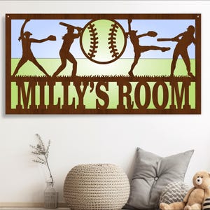 Scène de joueuse de softball, nom 3 couches, art mural SVG - enseigne murale de baseball découpée au laser en téléchargement numérique