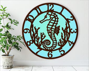 Seahorse Wall Clock Laser Cut Files, Ocean theme clocks Template (Digital Download)
