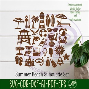 May include: A collection of brown summer beach silhouettes, including a lifeguard tower, surfboard, palm tree, lighthouse, sunglasses, and beach ball. The text reads "Summer Beach Silhouette Set" and "Instant download digital file for laser cutting and craft machines."