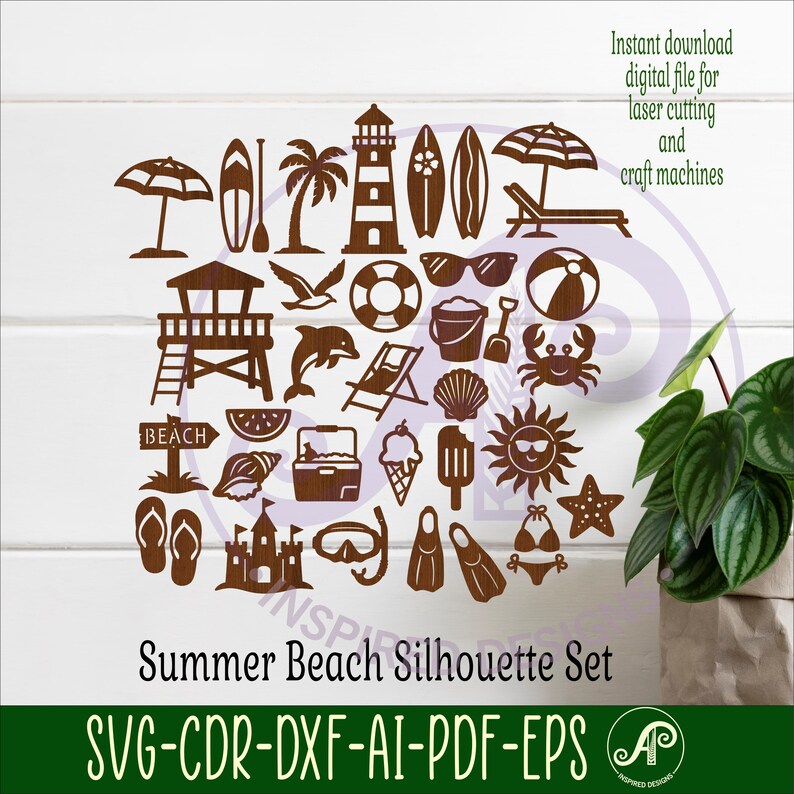 May include: A collection of brown summer beach silhouettes, including a lifeguard tower, surfboard, palm tree, lighthouse, sunglasses, and beach ball. The text reads "Summer Beach Silhouette Set" and "Instant download digital file for laser cutting and craft machines."