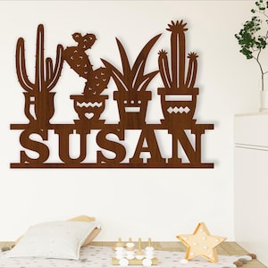 Plantilla de corte láser SVG con nombre de cactus para colgar en la puerta o en la pared, archivo vectorial ai, cdr, dxf, pdf, descarga instantánea
