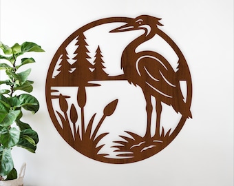 Heron Wall Art SVG - Wildlife Lake Scene Laser Cut - Round Bird Sign (Digital Design)