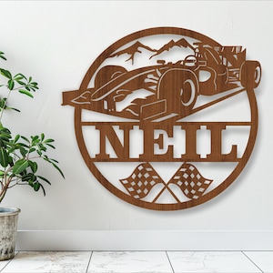 Naambord raceauto, SVG, deur- of muurhanger voertuigthema, lasergesneden sjabloon, instant download Vectorbestand Ai, Cdr, Dxf