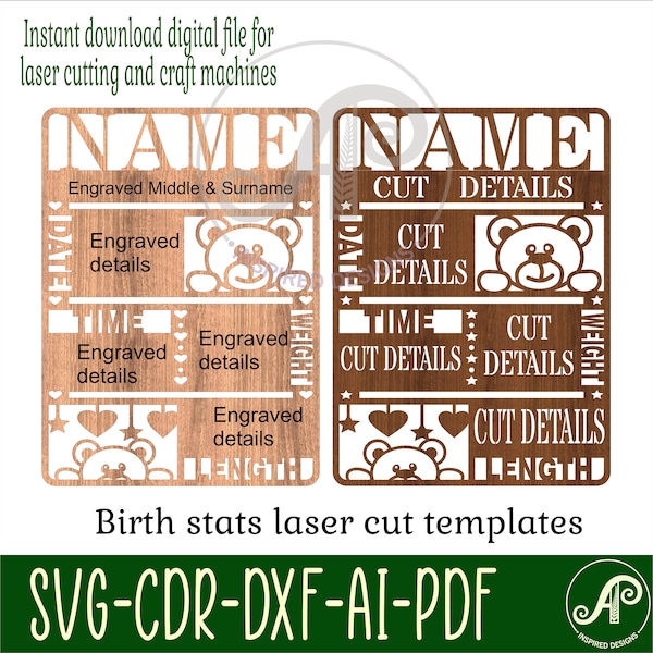 Baby stats, Birth plaque, announcement sign template SVG, nursery themed wall hanger, Laser cut template, instant download Ai, Cdr, Dxf