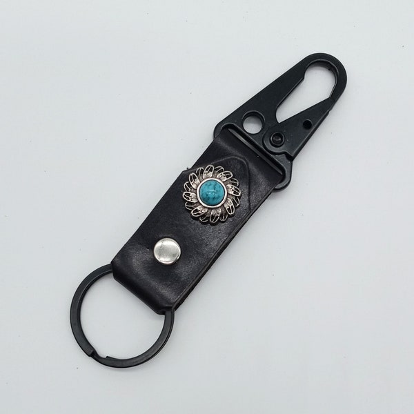 Leather Keyfob with Keyring, Sling Clip, and Concho with Turquoise