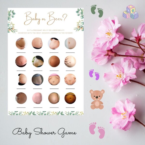 Baby or Beer? Baby Shower Game A4 DIGITAL DOWNLOAD PDF. Baby Green Floral Design Fun Party Game. Baby Belly or Beer Belly Fun Gender Reveal.