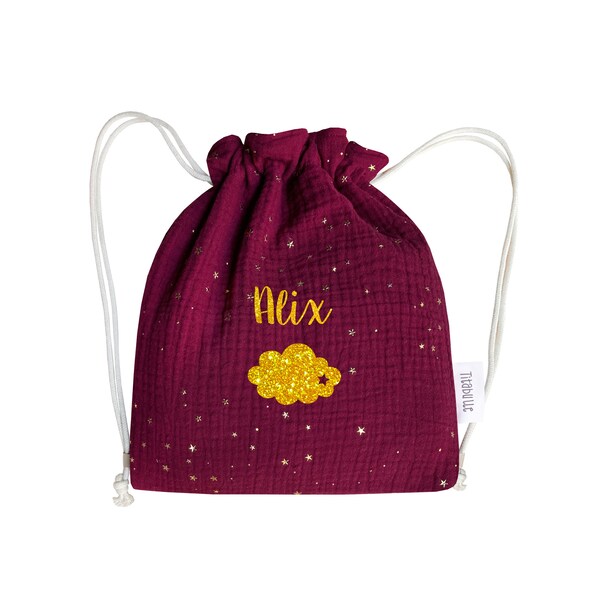 Sac à dos personnalisé en tissu double gaze de coton étoilé bordeaux Titabulle