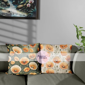 May include: Two decorative throw cushions with a floral poppy design. The cushions feature orange and white poppies with green stems and leaves on a dark green and beige background. The cushions are 25.4 x 25.4 cm.