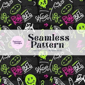 May include: Seamless pattern design featuring graffiti-style art on a black brick background. The design includes neon green and pink accents, with the words "ROBBEL" and "free" in white. The pattern also includes skulls, lightning bolts, and skateboards.