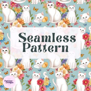 Cute Cat Digital Paper, Kawaii Seamless Pattern, Pastel Floral Kitty Background, Printable Paper for Scrapbooking & Crafts, Commercial Use